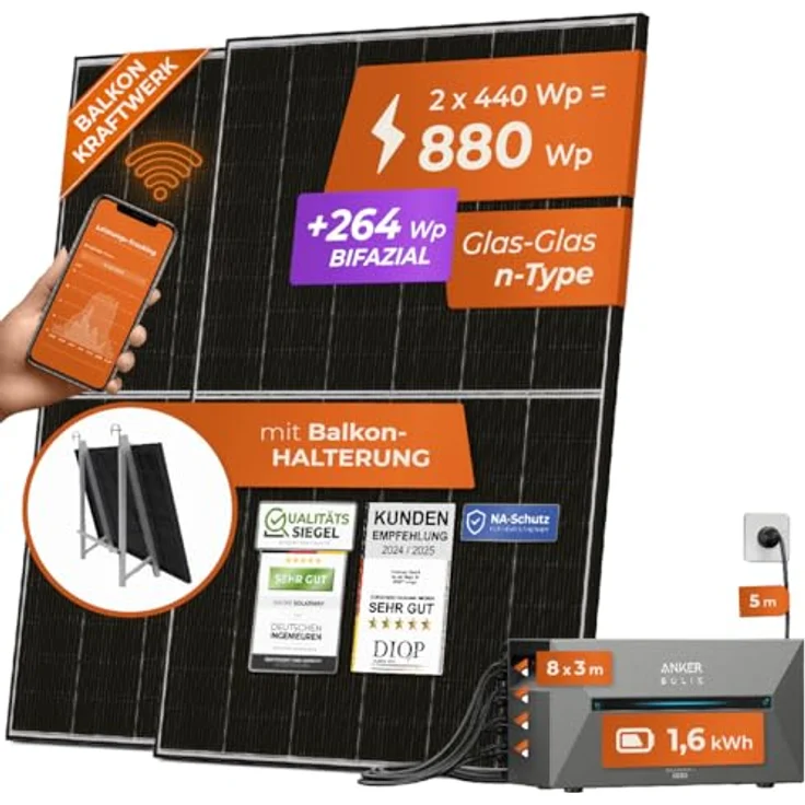 Solarway All In One Balkonkraftwerk mit Speicher 880W - 1,6 kWh Anker Solix 2 PRO Speicher - 440W bifaziale Solarmodule & Zubehör – Bild 1