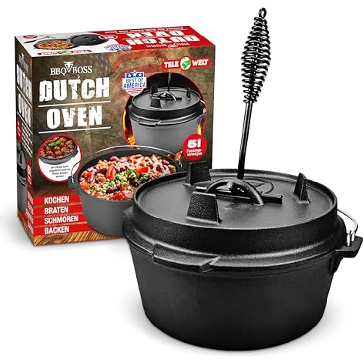 BBQ BOSS Dutch Oven, 5L Gusseisen Feuertopf mit Deckel – ideal zum Kochen, Schmoren und Braten für Outdoor Cooking – Bild 1