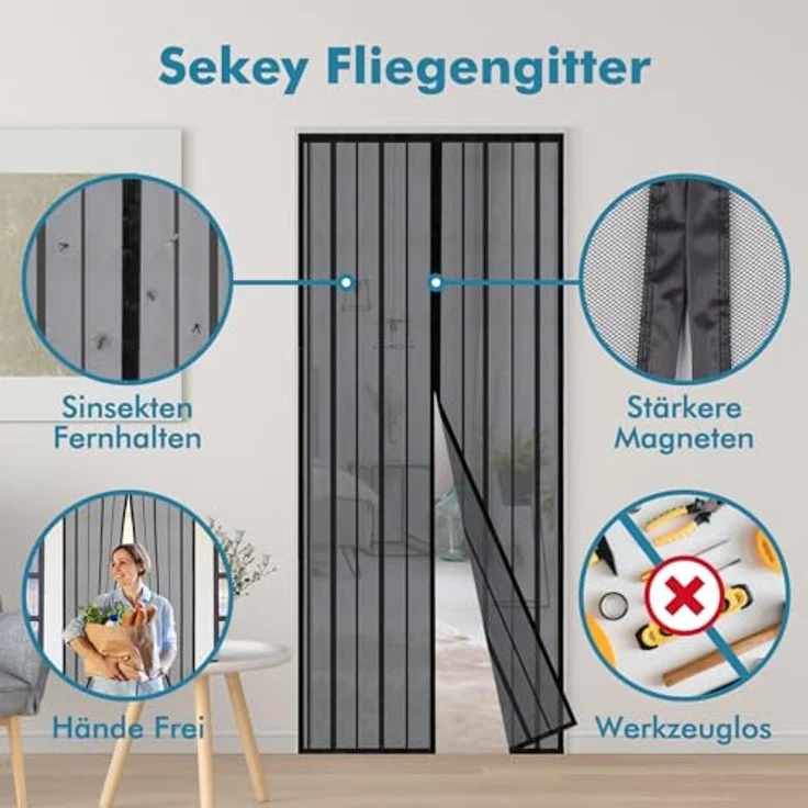 Sekey Magnet Fliegengitter Balkontür, Türvorhang Insektenschutz für Schiebetüren, 120x230cm, schwarz, ohne Bohren, einfache Montage – Bild 2