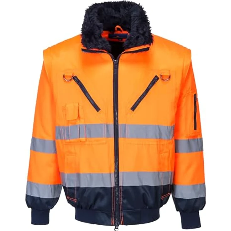 Portwest PJ50 Hi-Vis 3-in-1 Kontrast Pilotjacke, Wasserabweisend mit abnehmbarem Pelzfutter, EN ISO 20471 Class 3, Schwarz/Neonorange – Bild 1