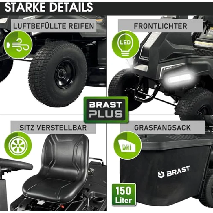 BRAST Rasentraktor Aufsitzmäher 61224 ESTART, 5,15kW(7PS), Elektrostart, TÜV, Variable Geschwindigkeit, 61,00 cm Schnittbreite, 150L Fangkorb, für mittlere bis große Rasenflächen – Bild 6