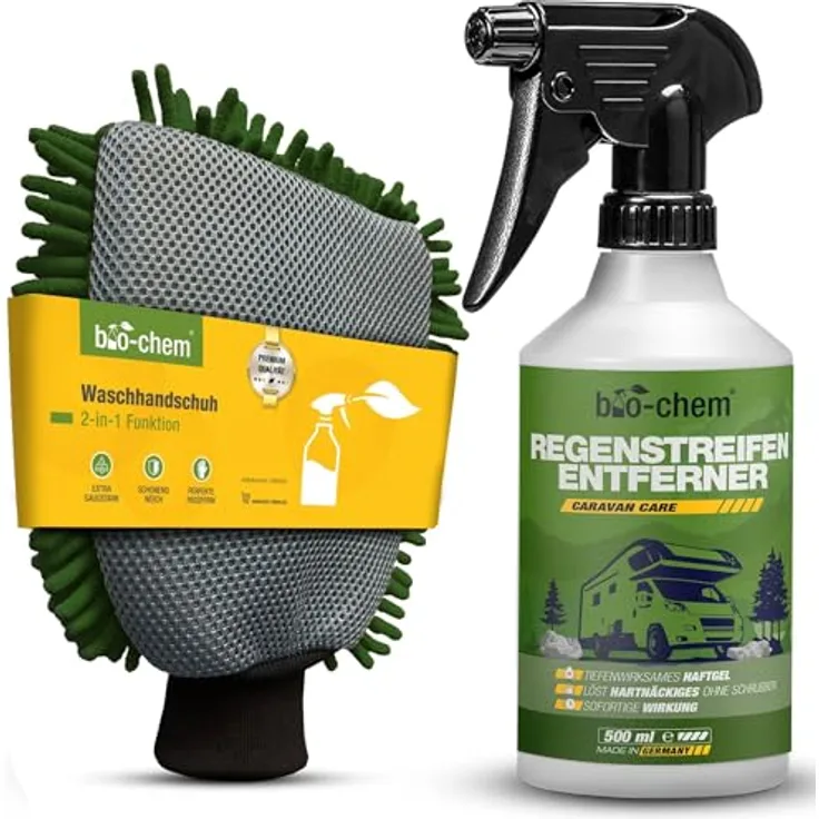 bio-chem Regenstreifenentferner 500ML + Waschhandschuh – Tiefenwirksames Haftgel gegen Regenstreifen & Öl für Auto, Caravan und Boot
