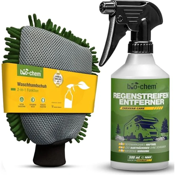 bio-chem Regenstreifenentferner 500ML + Waschhandschuh – Tiefenwirksames Haftgel gegen Regenstreifen & Öl für Auto, Caravan und Boot – Bild 1
