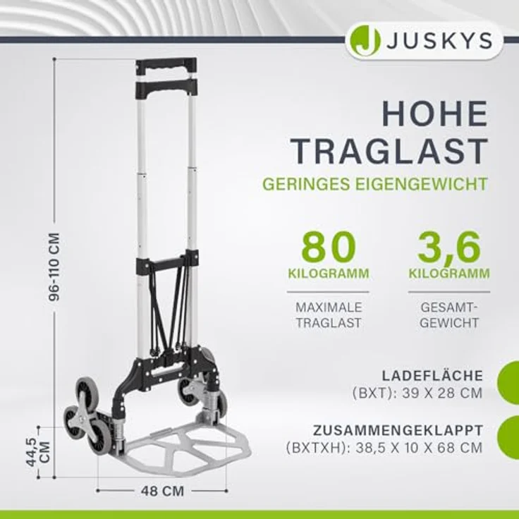 Juskys Treppensackkarre, Alu, bis 80 kg belastbar, klappbar, für Treppen, mit Seilen, Grau/Schwarz – Bild 3