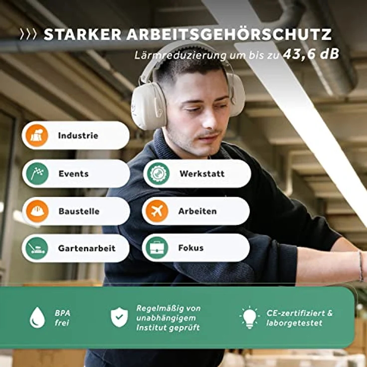 Schallwerk ® Work+ | Größenverstellbarer Gehörschutz (Beige) - Hochwertiger Lärmschutz für Arbeit und Alltag – Bild 2