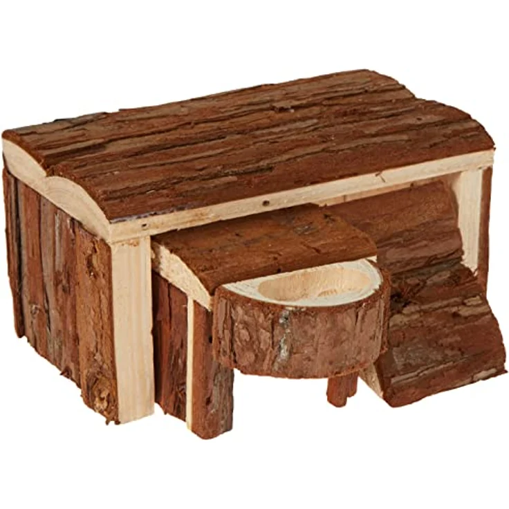 Trixie Natural Living Haus Luka, 14 × 7 × 14 cm - Unbehandeltes Naturholz, Futternapf, Rampe, für Hamster und Mäuse geeignet – Bild 1