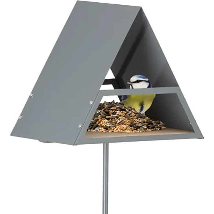 Relaxdays Vogelfutterhaus mit Erdspieß, Metall, HxBxT: 121 x 25,5 x 19,5 cm, rattensicher, Futterhaus Vögel, grau/Natur – Bild 1