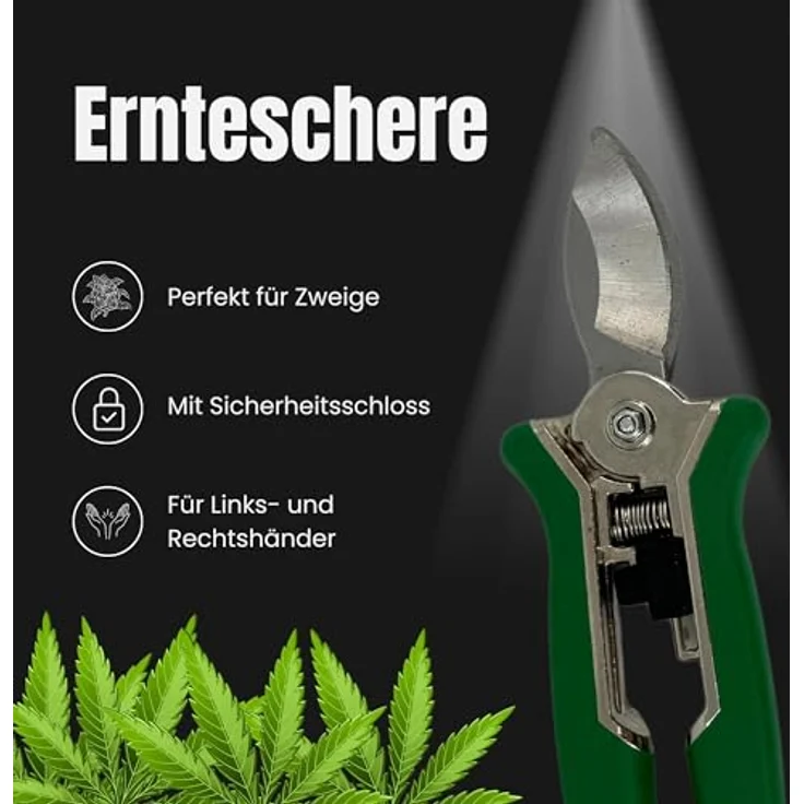 TronicXL Premium Grow Ernteschere + Trimmschere Set - Gartenschere gerade für Eigenanbau - Hochwertige gebogene und gerade Klingen - Anti-Rutsch Griff - Sicherheitsschloss - Für Links- und Rechtshänder - Grün – Bild 2