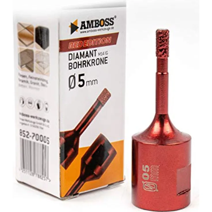Amboss RED EDITION M14 Diamant Bohrkrone - für Winkelschleifer - Feinsteinzeug, harte Fliesen, Granit/Die ideale Trockenbohrkrone (Ø 5 mm)