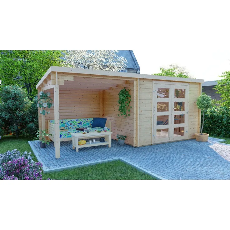 Finn Art Blockhaus Gartenhaus Funny 3, Flachdach 5x3m mit 28mm Wandstärke, BxT: 298x240 cm, ohne Fußboden, mit Anbau