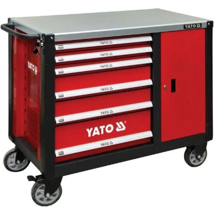 YATO YT-09002 Werkzeugwagen aus Stahl, rot, 7 Fächer, Tragfähigkeit 600 kg, mit Handgriff und Schloss