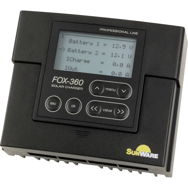 SunWare FOX 360, PWM Solar-Laderegler für 12V/24V Systeme, 20A, grafisches LCD-Display