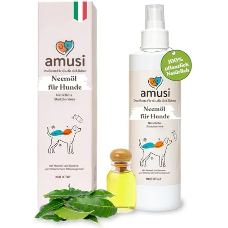 Amusi Neemöl-Zeckenspray für Hunde, Natürliches Schutzspray gegen Zecken und Insekten, 250 ml, Vegan, Ohne Parabene und Nickel