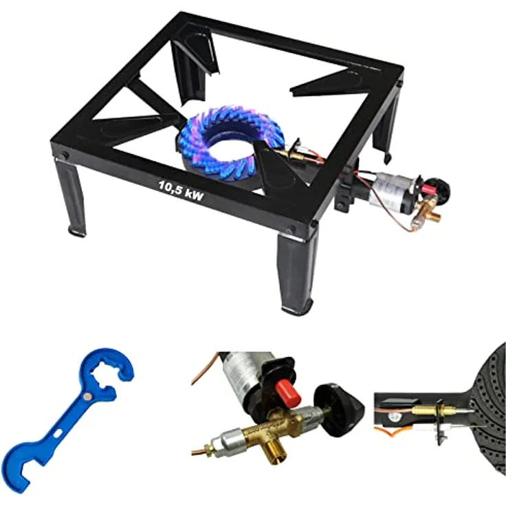 Gas-Hockerkocher 10,5 KW Profi Gaskocher Gas Kocher mit Zündsicherung und Piezozündung inkl. Gasreglerlöser mit Magnet + Schlüssel 17mm für Überwurfmutter 1/4"