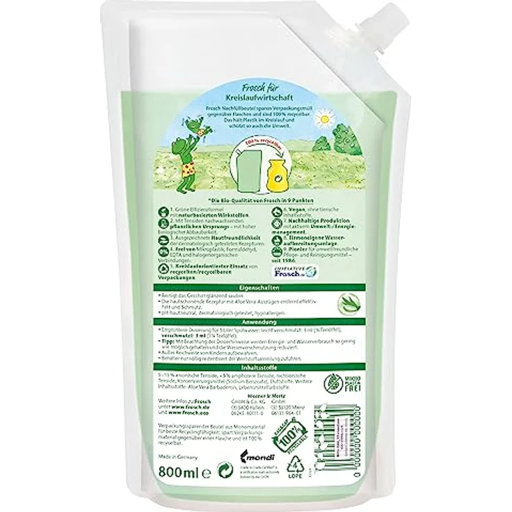 FROSCH Spül-Lotion Aloe Vera, 800 ml Nachfüller - Geschirrspülmittel mit pflegender Aloe Vera – Bild 2