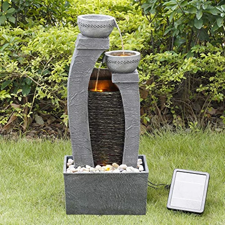 Teamson Home Gartenbrunnen Solarbrunnen, 76 cm hoher Polyresin Wasserfallbrunnen mit 3 Ebenen in Grau, verstellbares Solarpanel und beleuchtete Schalen – Bild 2