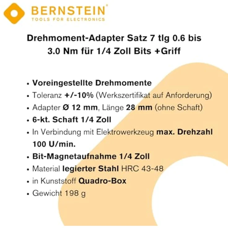 Bernstein Werkzeug GmbH BERSTEIN Drehmoment Adapter Satz 7-tlg, 0.6 bis 3.0 Nm, 1/4 Zoll Bitmagnetaufnahme, für präzises Arbeiten an Elektronik und Maschinen – Bild 4