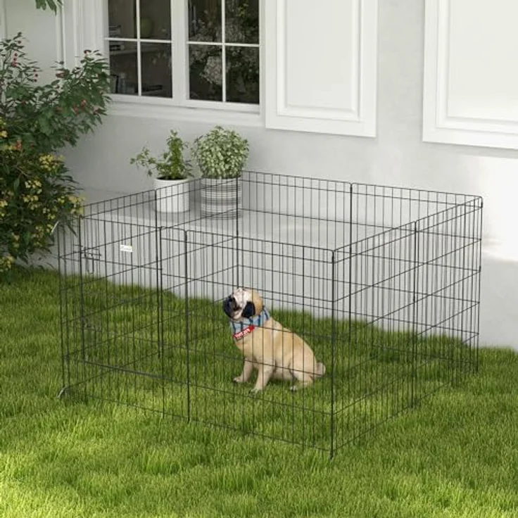 PawHut Welpenauslauf 76 cm Hoch, 8-TLG Welpenlaufstall mit Schloss, DIY Freilaufgehege Hundelaufstall für mittelgroße Hunde, Meerschweinchen, Kaninchen, Metall, Schwarz – Bild 2