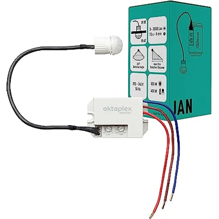 Oktaplex Jan Einbau-Bewegungsmelder Aussen IP65 / IP20 360° Infrarot-Sensor klein 8m Reichweite 230V mit Dämmerungssensor, Elektrisch, Weiß Matt