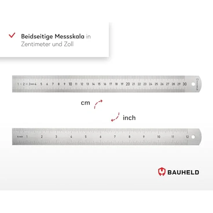 BAUHELD Stahllineal 300mm, Präzisions-Metal-Lineal mit beidseitiger Skala in Zoll und Zentimeter, rostfreier Edelstahl mit Aufhängelochung – Bild 2