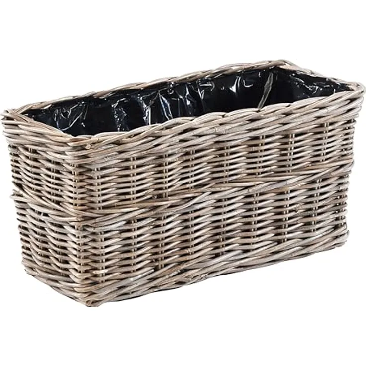 Kobolo Blumenbank Lauro, eckiger Pflanzkorb aus Rattan mit Folie, grau, 62x29x29 cm, Dekokasten für Balkon, Terrasse, Garten und Innenbereich