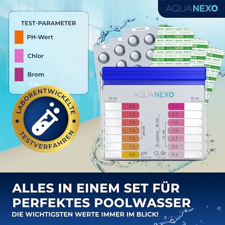 Aquanexo Pool Schütteltester pH und Chlor, Komplett-Set mit 60 Testtabletten für präzise Wasseranalyse – Bild 6