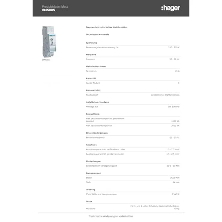 Hager Treppenlichtzeitschalter EMS005, elektronisch mit Zeitschaltfunktion 30 sec - 10 min, nachschaltbar, 1 TE, DIN-Schiene – Bild 3