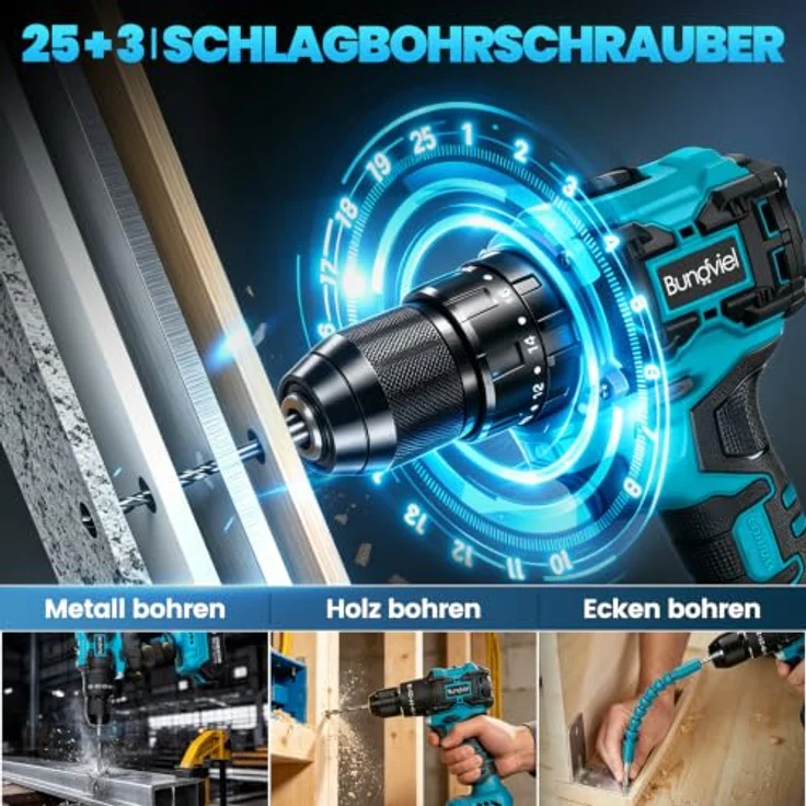 Bundviel Akku-Schlagbohrschrauber Set, 21V bürstenloser Motor mit 65 Nm, 2x 2000mAh Akkus, 25+3 Drehmomentstufen, 10-mm Schnellspannbohrfutter, 29-teiliges Zubehör – Bild 3