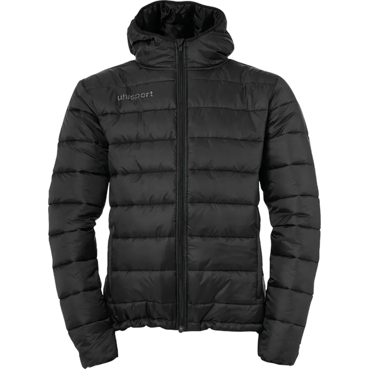 Uhlsport Fußball Essential Puffer Kapuzenjacke Herren Coachjacke schwarz Gr M, reflektierendes Logo, Seitentaschen mit Reißverschluss, elastische Vorspannung an Ärmeln und Taille