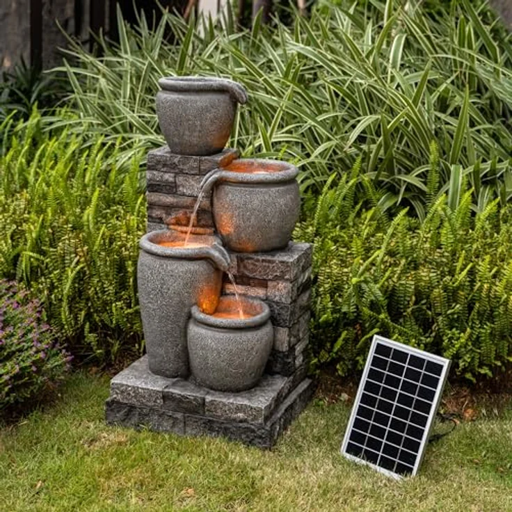 Teamson Home Solar Kaskadenbrunnen 4 Stufen Grau freistehend mit LED-Beleuchtung – Bild 2