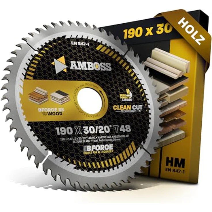 Amboss Werkzeuge HM Kreissägeblatt 190x30 20 Z48 Wechselzahn für Holz, Feinschnitt mit Reduzierring 20 30mm, kompatibel mit Bosch GKS 190 und Metabo KS66 – Bild 1