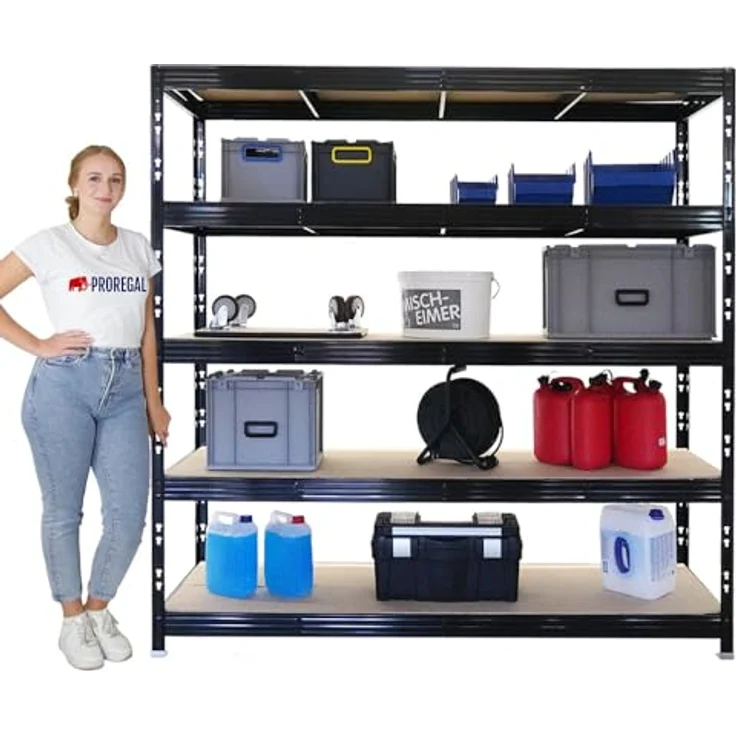 Proregal Schwerlastregal Mega Deal Profi RHINO, 200 x 200 x 60 cm, Traglast pro Boden 500 kg, 5 Böden, Steckmontage, schwarz – Bild 6