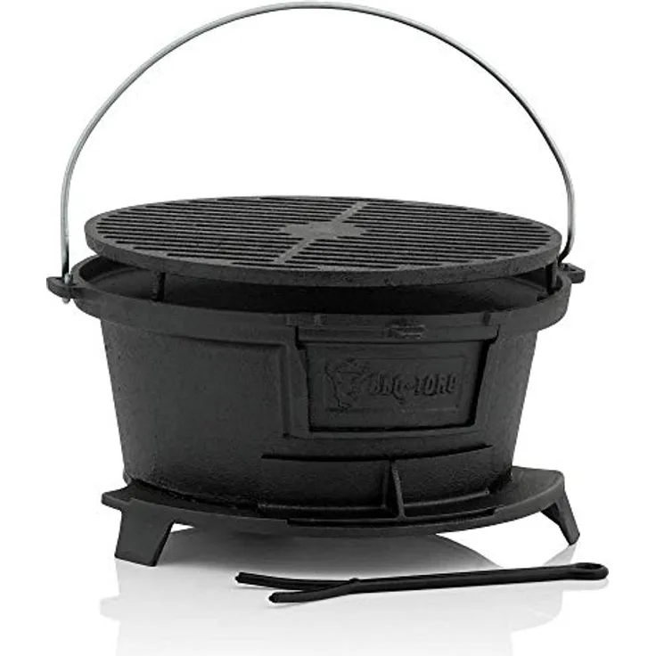 BBQ-Toro Gusseisen Grilltopf mit Grillrost | (B) 32 x (T) 33 x (H) 18 cm | Hibachi Style Grill mit Grillrostheber | Holzkohle Campinggrill, Gusseisen Feuertopf, BBQ Grill, Dutch Oven Station