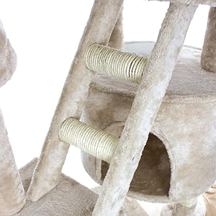 HAPPYPET Kratzbaum deckenhoch 260 cm hoch, höhenverstellbar von 230-260 cm, großer XXL Kletterbaum Katzenbaum für Katzen, 8 cm stabile Säulen mit Sisal, Häuser mit Treppen Liegemulden, Beige – Bild 5