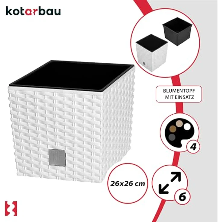 KOTARBAU® Blumentopf Set, 15,8 L, Höhe 27 cm, Weiß, Kunststoff mit Innentopf und Rattan-Optik für Innen und Außen – Bild 4