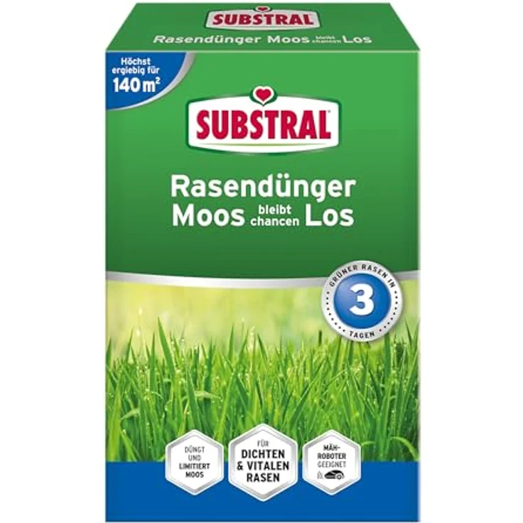 Substral Rasendünger gegen Moos, für sattgrünen und dichten Rasen, 4,2 kg, 140m², Grün - Substral Rasendünger mit intensiver Grüneffekt, stärkt die Grasnarbe, für gesunden Rasen – Bild 1