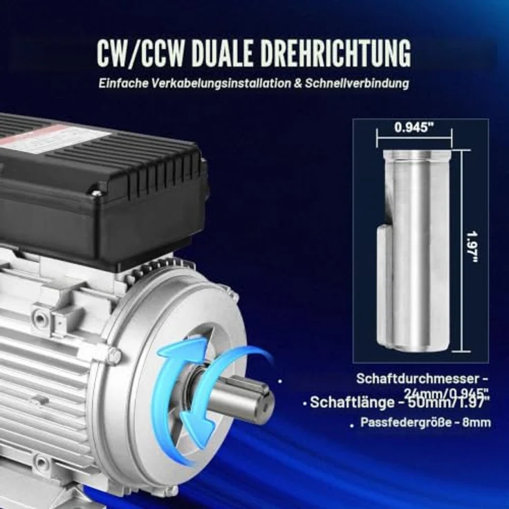 VEVOR 2,2 kW Elektromotor 2800 U/min, einphasig für Luftkompressoren, B3-Rahmen, 24 mm Keilwelle, Rechts-/Linkslauf, AC 220-240 V, 13,8 A – Bild 4