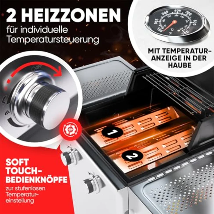 ProfiCook® Gasgrill PC GG 1309, für Temperaturen bis zu 350°C, 2 Brenner, gusseiserne Grillroste, silber, inkl. Gasdruckminderer und Schlauch, klein, 2 Ablagen – Bild 3