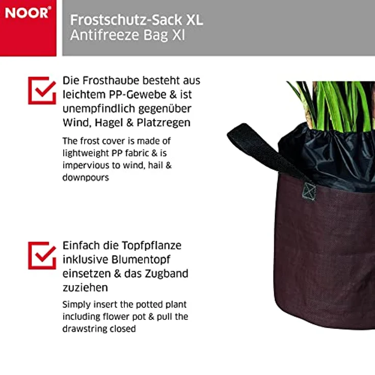 NOOR Frostschutz-Sack XL 55 x 45 cm mit eingenähter Isolierfolie I Frostschutzhaube für Topf-Pflanzen mit Zugband & Tragegriffen I Winterschutz für Pflanzen-Überwinterung von Kübelpflanzen I Braun – Bild 3