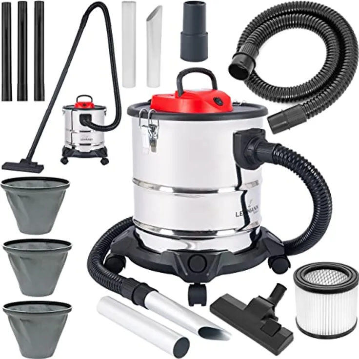 LEHMANN Haddo Industriestaubsauger 2000W | Aschesauger für Kamin mit Doppelfilteranlage | Kaminsauger Ascheschlucker | Nass Trockensauger mit 20 Liter Edelstahltank, Silber