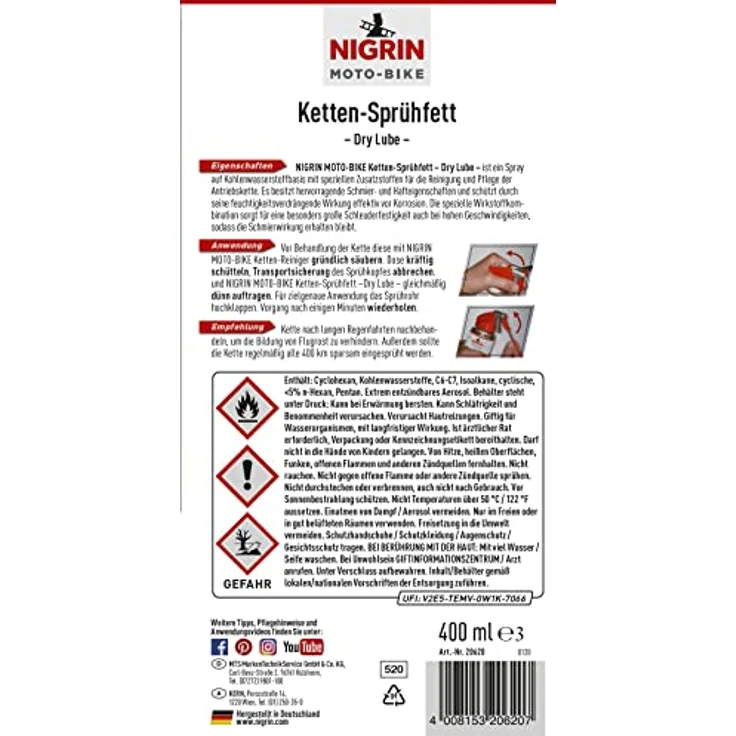 Nigrin Ketten-Sprühfett 'Moto-Bike Dry Lube', transparent, 400 ml, hohe Schleuderfestigkeit, geeignet für O-, Z- und X-Ring-Ketten – Bild 10