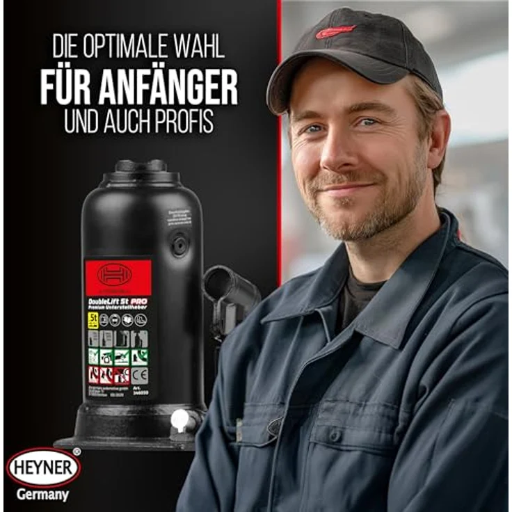 HEYNER® DoubleLift 5t PRO, Hydraulischer Stempelwagenheber mit Hubhöhe 225–500 mm für SUV, Transporter und Wohnmobil, inkl. Tasche & Gummigriff, schwarz – Bild 8
