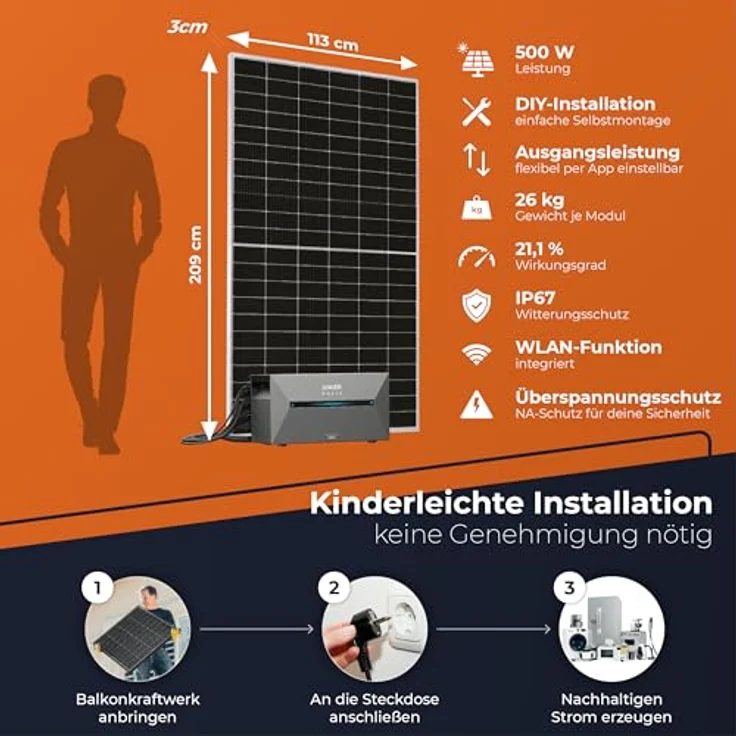 Solarway All In One Speicher Balkonkraftwerk 1000W mit Anker Solix 2 PRO Speicher - Solaranlage 500W Solarmodule, Flachdach Halterung – Bild 8