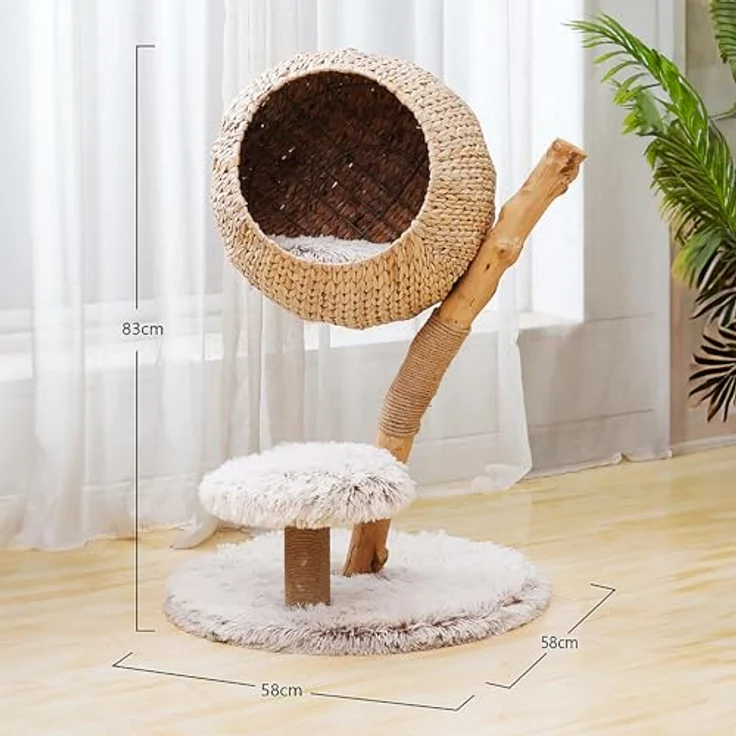 Fudajo Kratzbaum Zweigdesign mit Katzenkorb 83 cm hoch, Designer Katzenkratzbaum mit Liegekorb in Flecht-Optik, Katzenbaum aus Holz mit Plüsch, Naturfarben – Bild 5