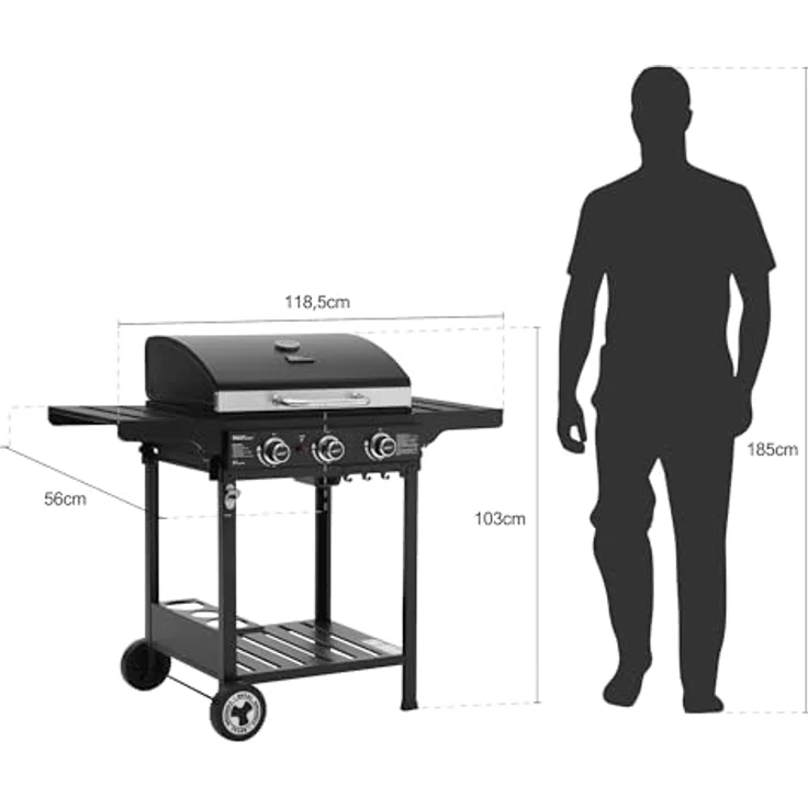 Royal Gourmet 3 Brenner Gasgrill Grillwagen, Standgrill mit Edelstahl Brenner 9 kW, Schwarz – Bild 3
