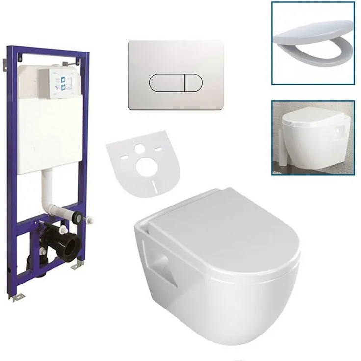 Aloni Tiefspül-WC AL5509Komplett, wandhängend, Abgang waagerecht, Aloni Wand / Hänge WC Toilette Softclose-Deckel Vorwandelement, Sanitärkeramik, Soft-Close-Funktion, weiß