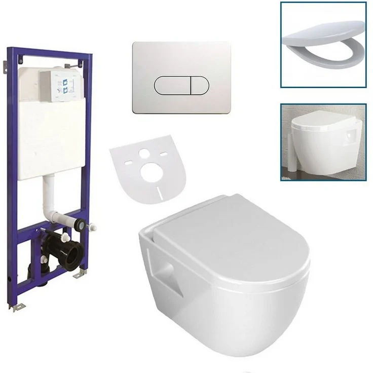 Aloni Tiefspül-WC AL5509Komplett, wandhängend, Abgang waagerecht, Aloni Wand / Hänge WC Toilette Softclose-Deckel Vorwandelement, Sanitärkeramik, Soft-Close-Funktion, weiß