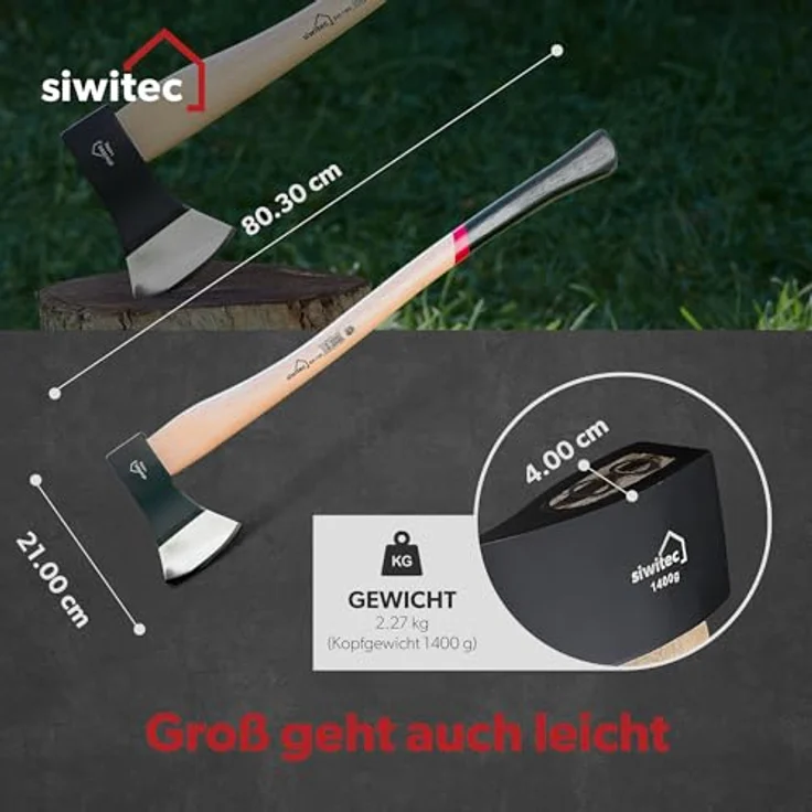 siwitec Holzaxt SH-140, Spaltaxt mit 1400 Gramm Kopfgewicht, Axt zum Holz spalten mit Hickory-Stiel und C45 Carbon Klinge, Beil, Spalthammer – Bild 2