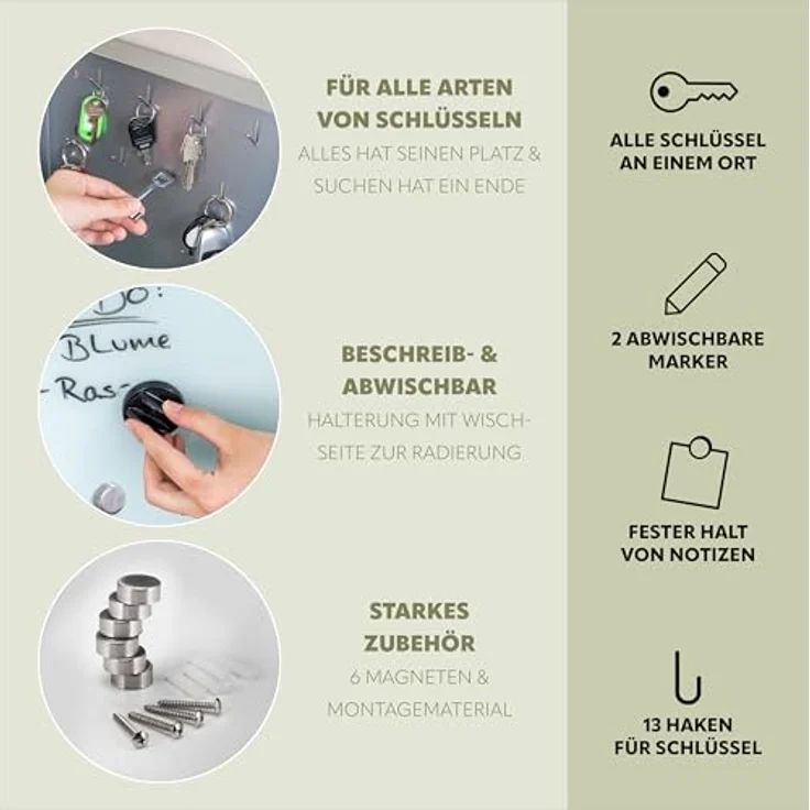 bremermann Schlüsselkasten Schlüsselkasten XL weiße Glasfront, 13 Haken, Korpus Metall grau – Bild 6