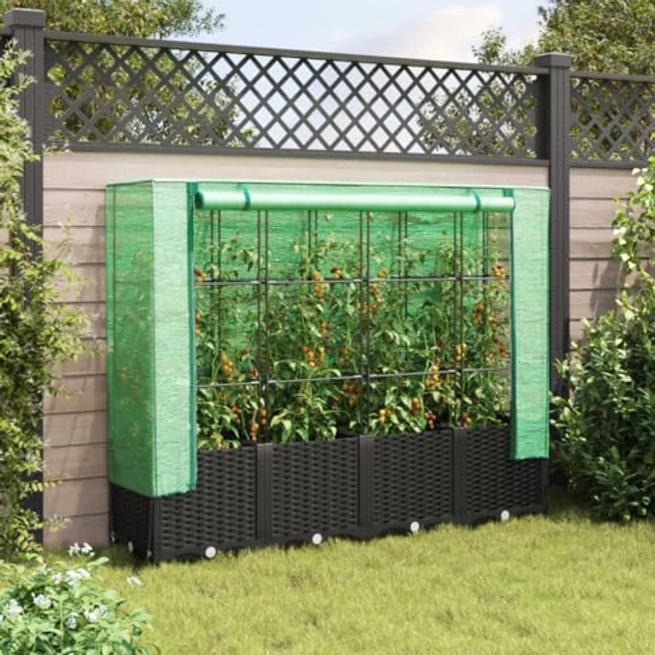 vidaXL Hochbeet mit Gewächshaus-Aufsatz, Pflanzbeet mit Eisenrohr-Rahmen, Rattan-Optik – Bild 4